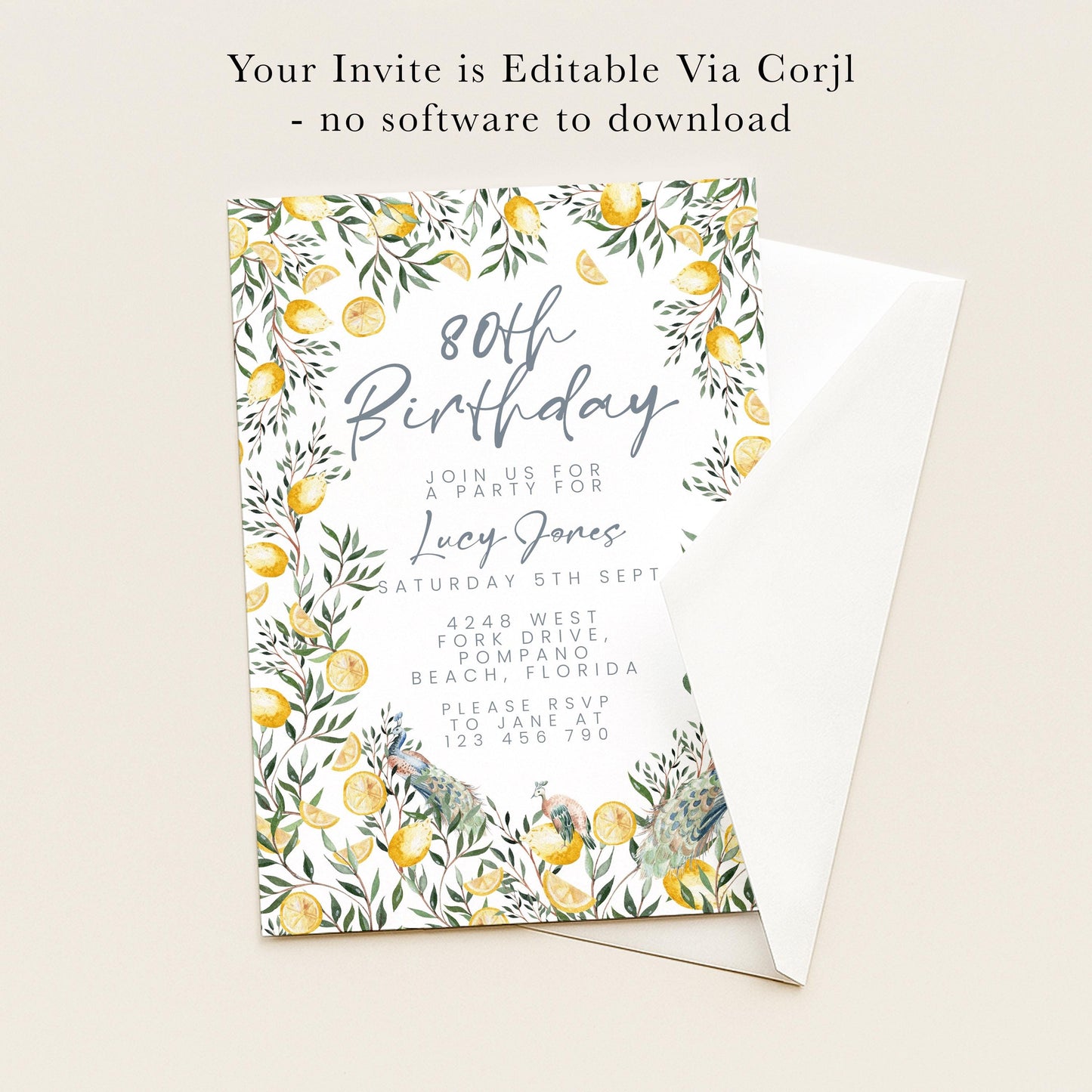 The image is a birthday invitation for Lucy Jones celebrating her 80th birthday.