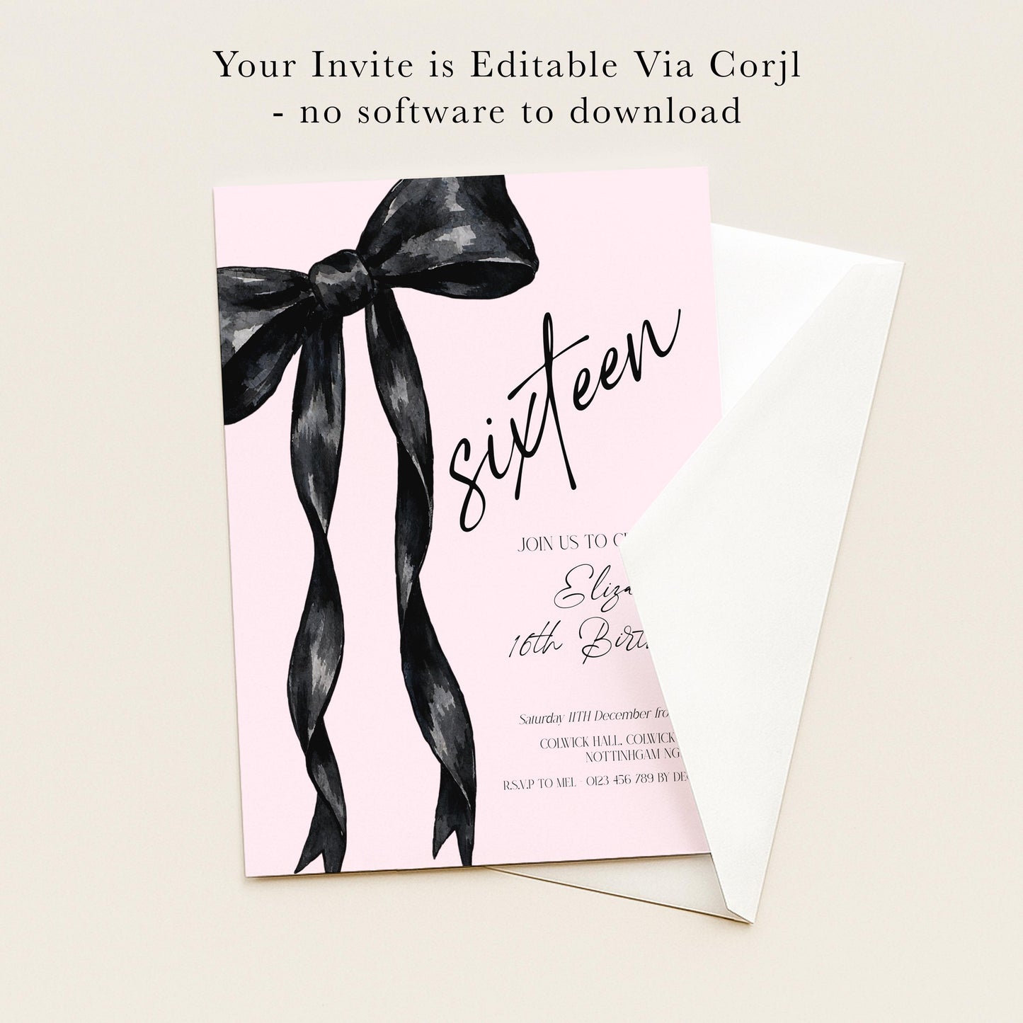 Sweet 16 Birthday Invitation, Pink Bow Birthday Invite, Editable Sixteen Party Invite, Teen Girl Birthday Invitation, Corjl