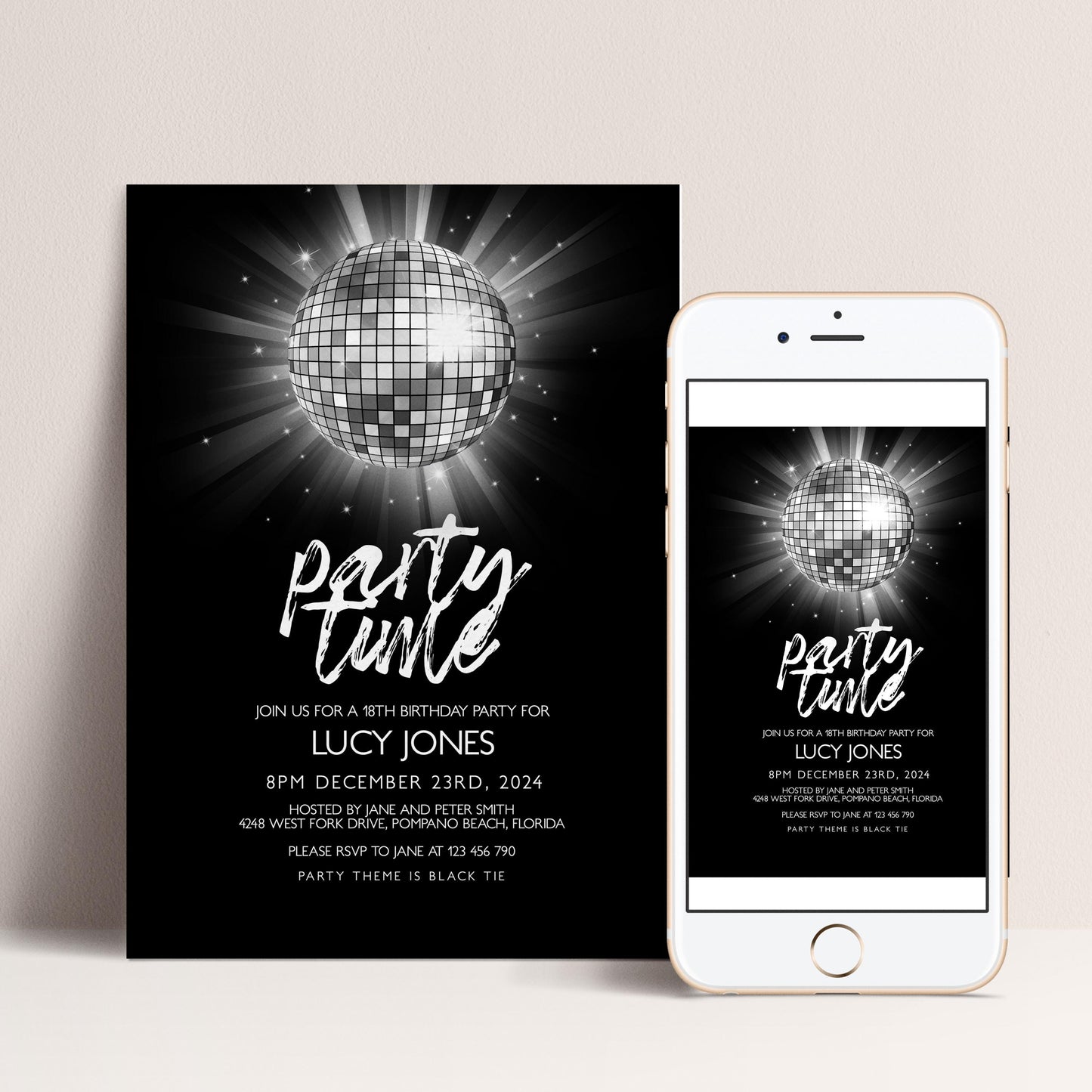 The image is a party invitation featuring a disco ball and a disco ball-themed design.