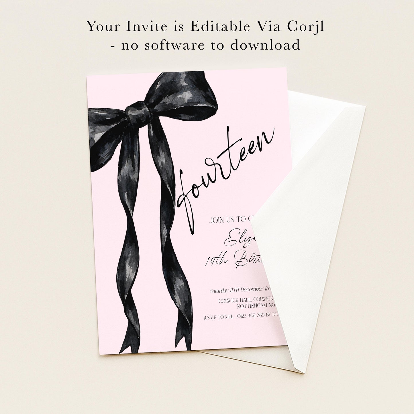 14th Birthday Invitation, Pink Bow Birthday Invite, Editable Fourteen Party Invite, Teen Girl Birthday Invitation, Corjl