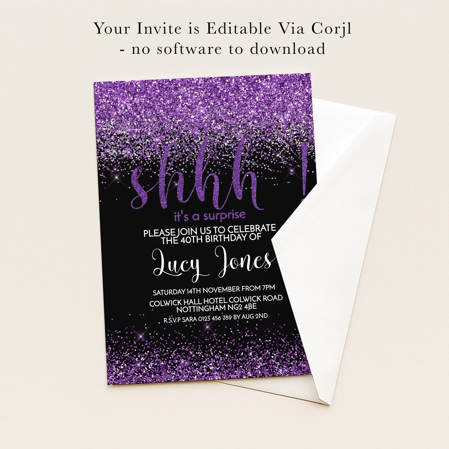 The image is a birthday invitation for Lucy Jones' 40th birthday party.