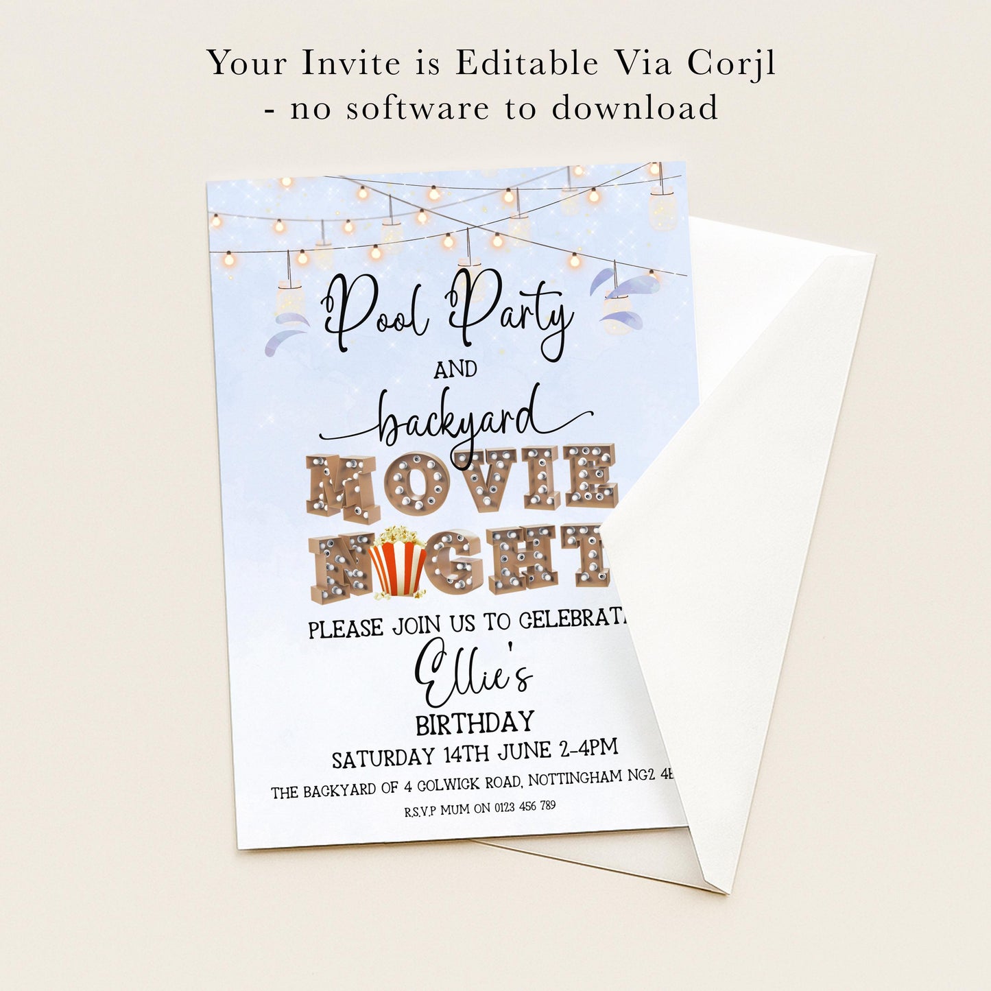 The image is a birthday party invitation for a pool party and movie night event.