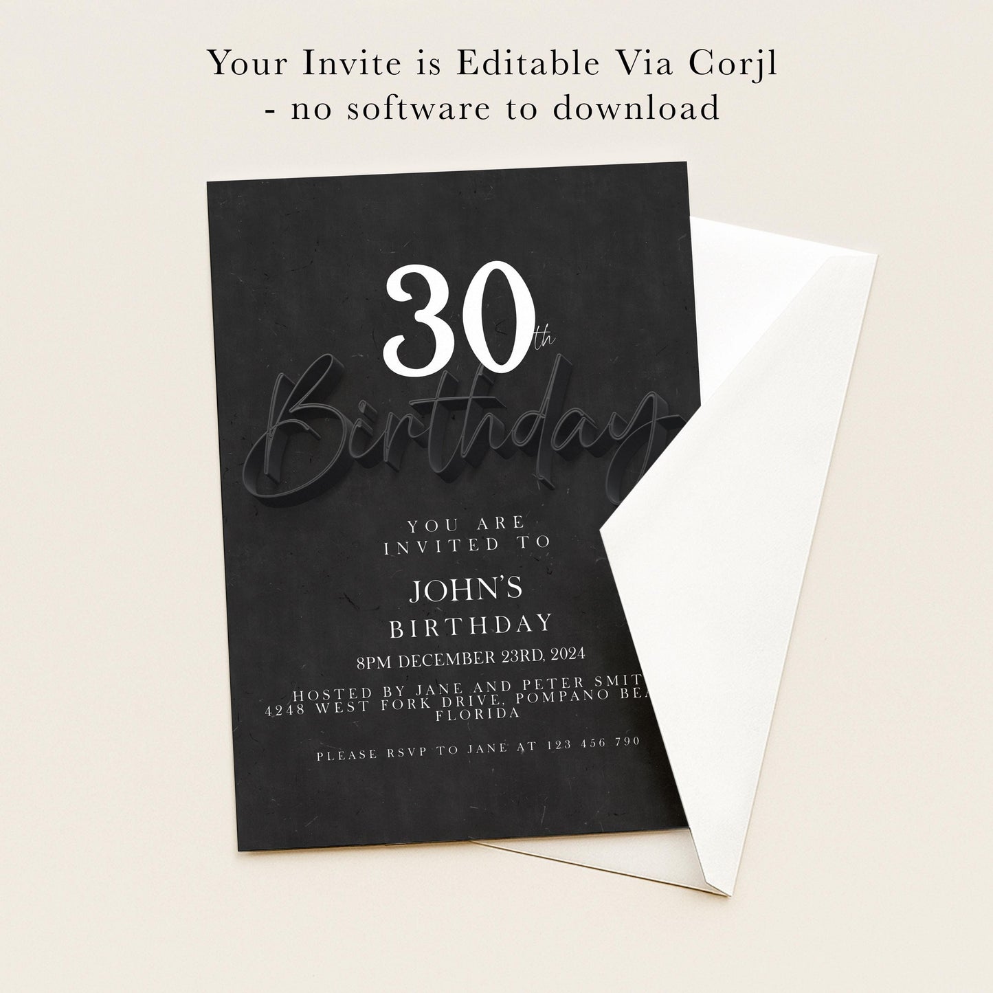 The image is a birthday invitation for John's 30th birthday. It is a black and white invitation with the text "You are invited to John's 30th Birthday" and the date and time details.