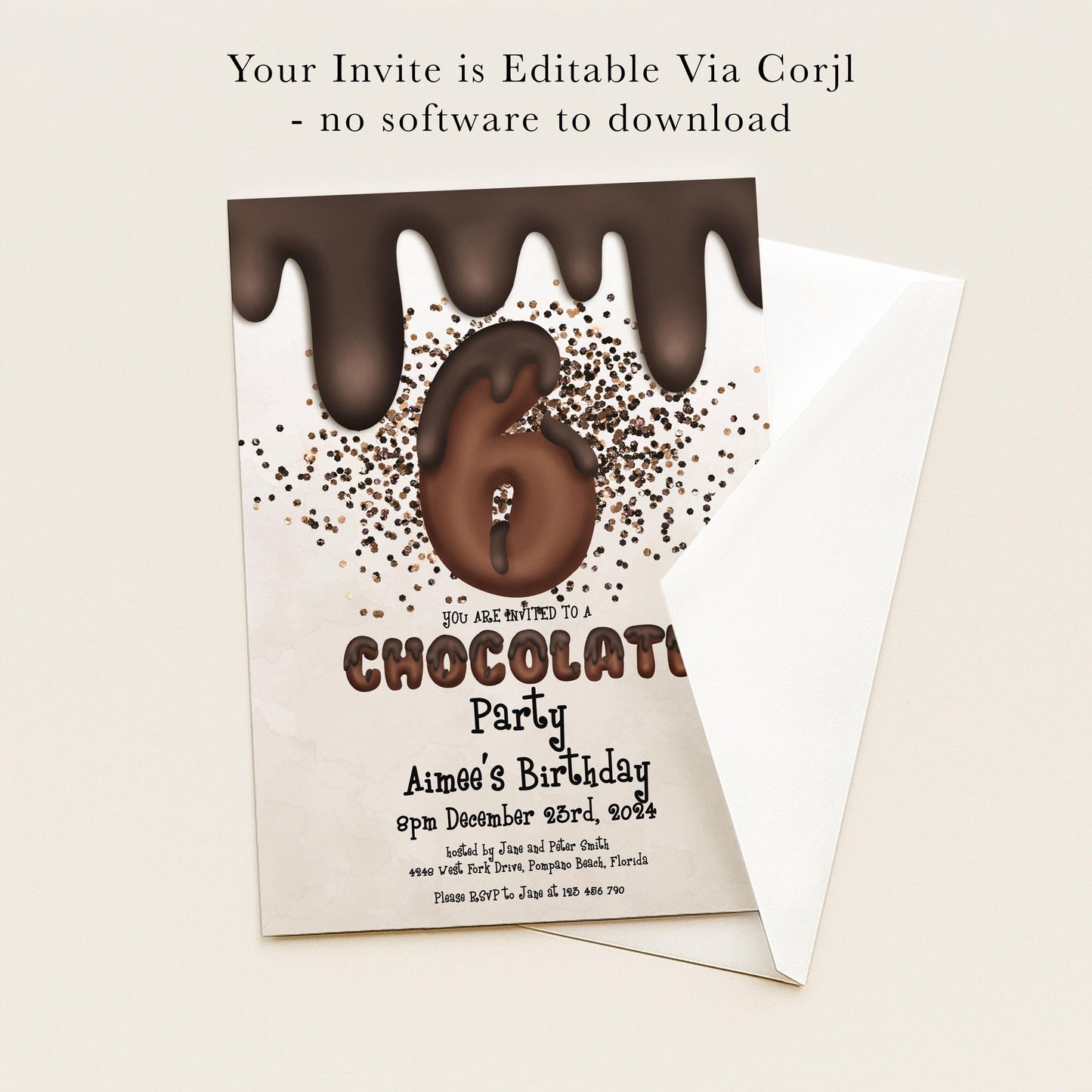 The image is a birthday party invitation for a 6-year-old girl named Aimee. The invitation is edited via Corjl, and it is available for download without any software.