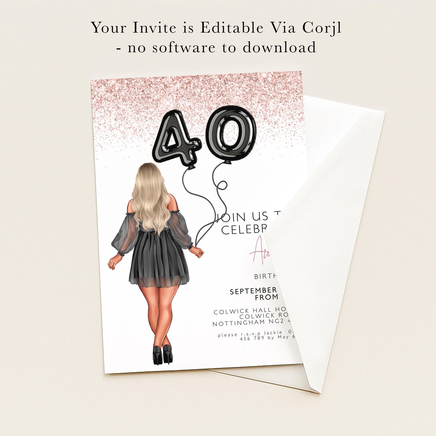 The image is a birthday invitation for someone turning 40. It features a woman with long blonde hair and a black dress, holding a balloon that says "40". The invitation is for a birthday celebration on September 1st from Colwick Hall, Colwick Road, Newport, Wales. The event is being held at the venue, and guests are encouraged to bring a present. The invitation does not contain any text that is too long or unclear, and it does not describe the image in detail.