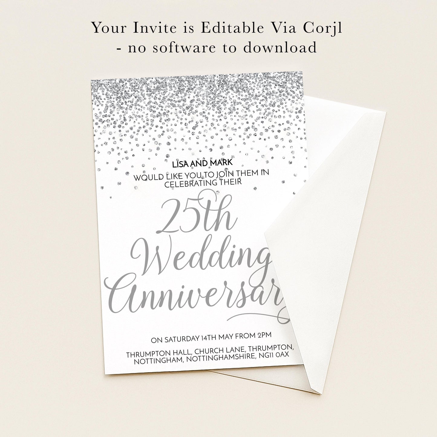The image is a wedding anniversary invitation for Lisa and Mark, which is editable via Corjl and does not require any software to download.