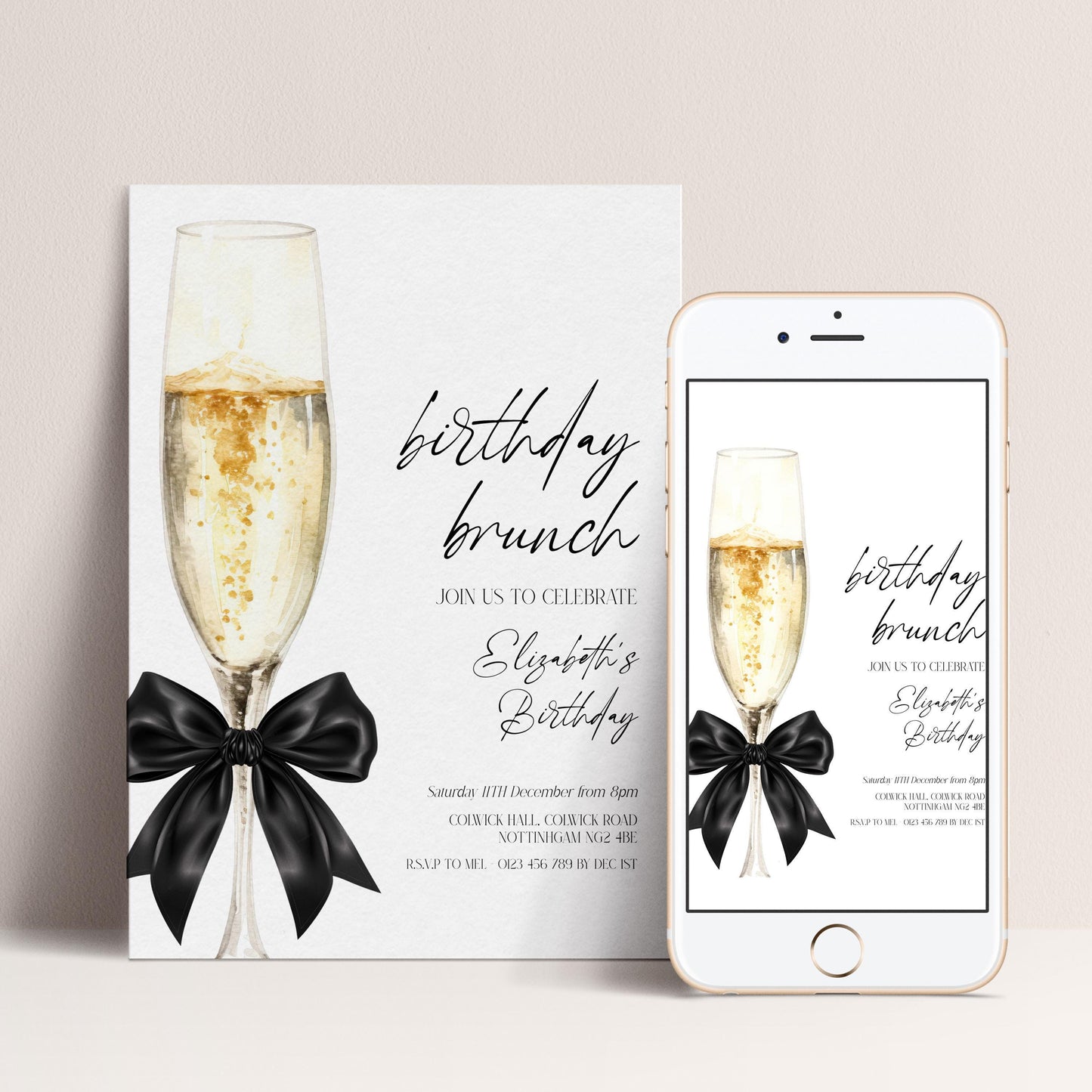 The image is a birthday brunch invitation featuring a champagne glass with a black ribbon, accompanied by text and a smartphone image of the same invitation.