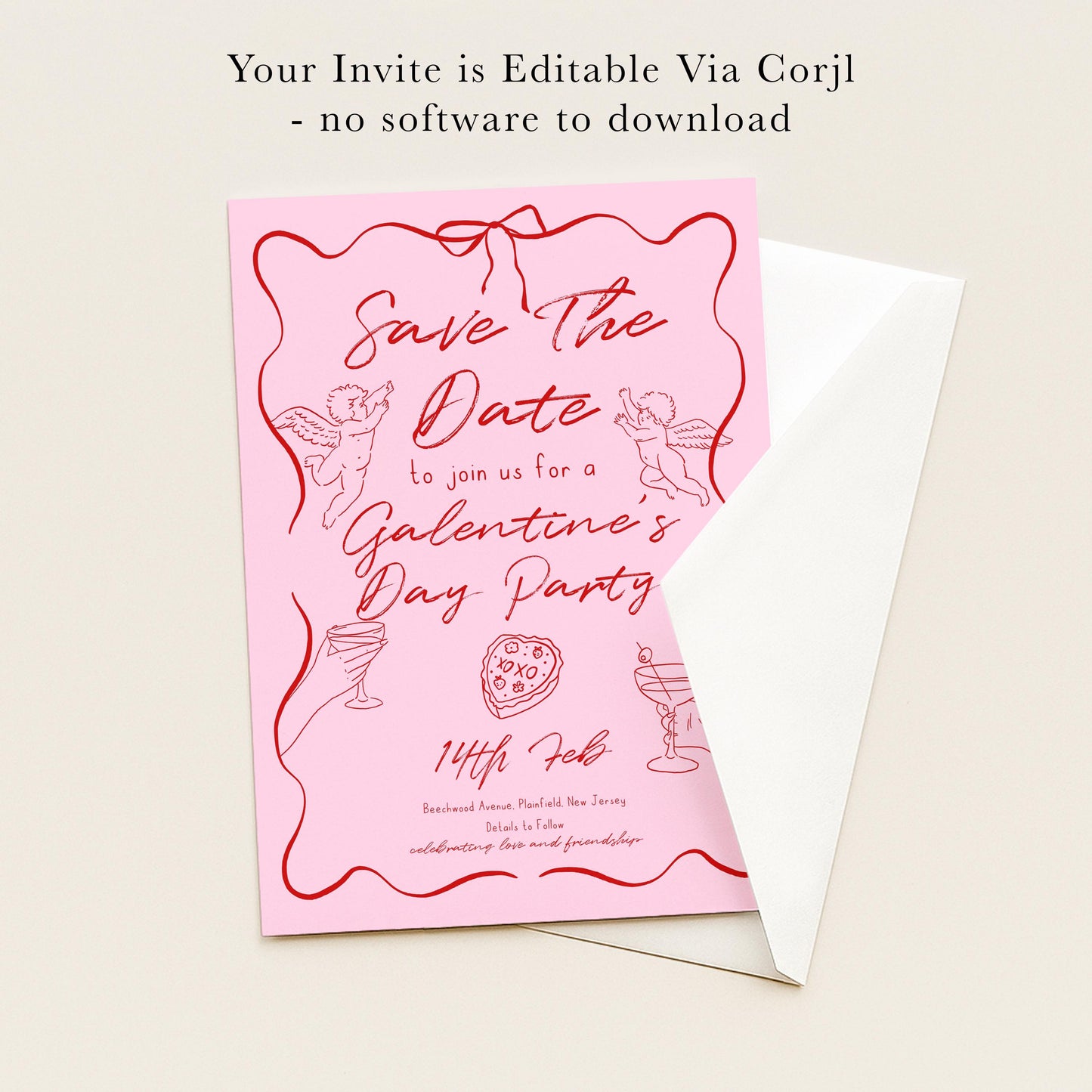 The image is a pink invitation card with a pink background and red text, inviting guests to a Galentine's Day party.
