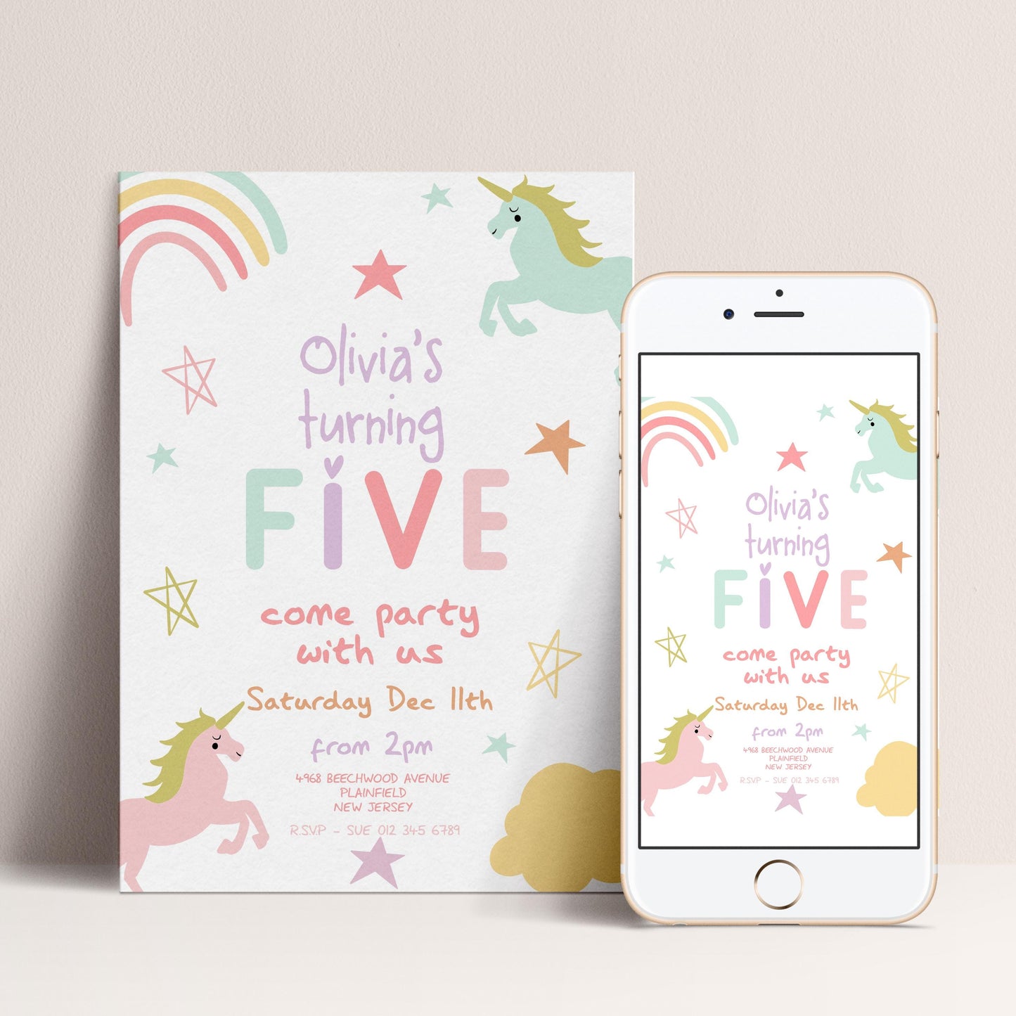The image is a birthday party invitation for a five-year-old girl named Olivia. The invitation features a unicorn and stars, and includes details about the party, such as the date, time, location, and RSVP information.