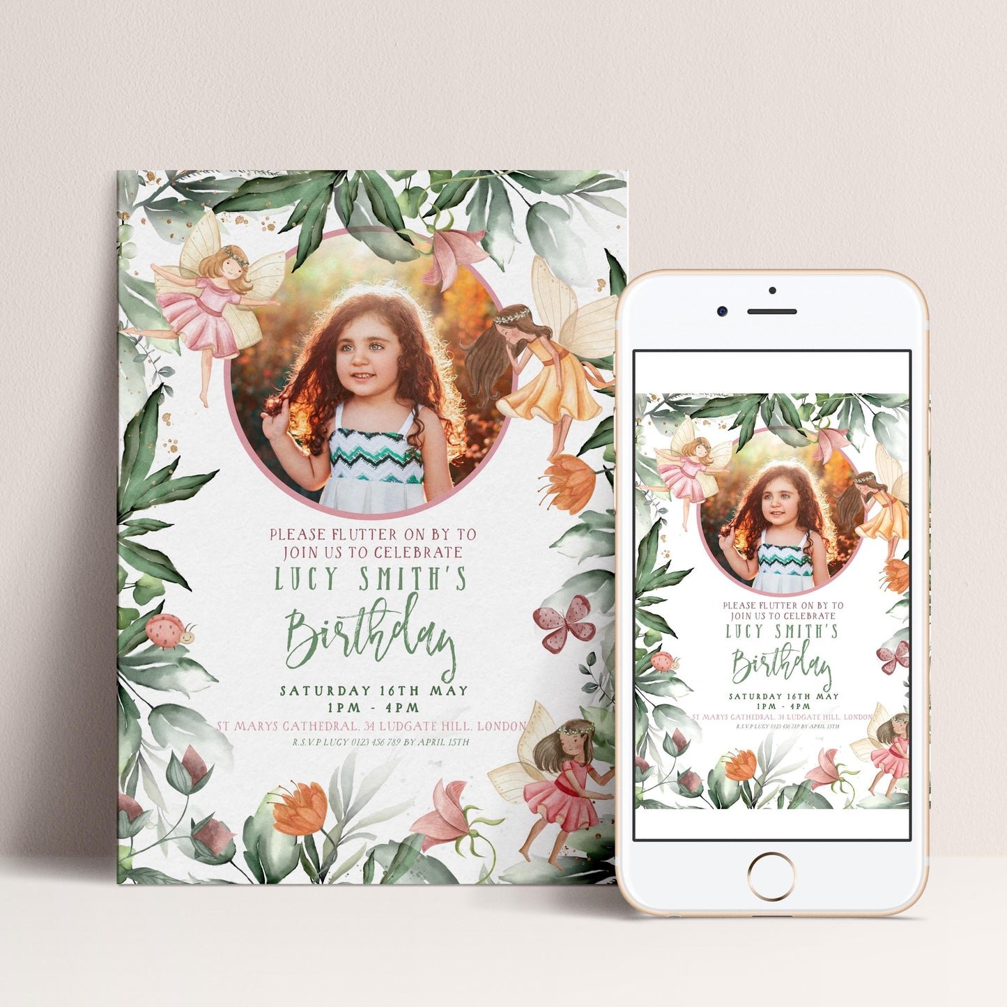The image is a birthday invitation for Lucy Smith's birthday party, featuring a young girl surrounded by flowers and butterflies.