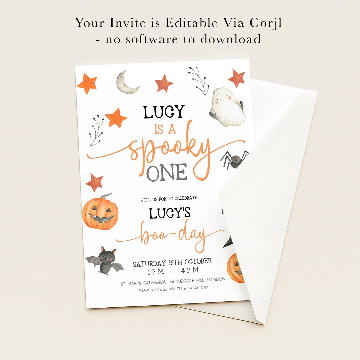 The image is a Halloween-themed invitation card for a party, featuring illustrations of pumpkins, bats, and ghostly figures.