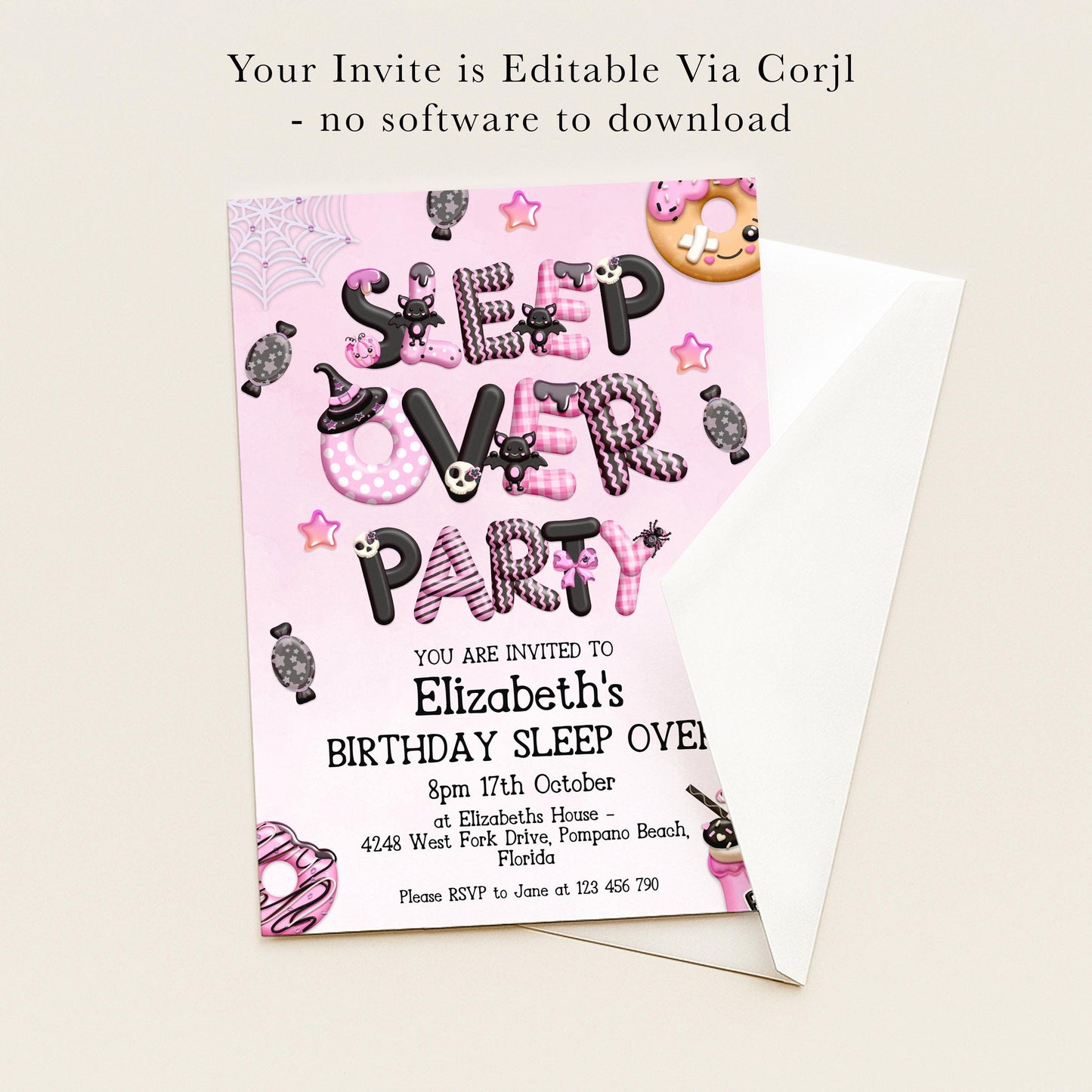 The image is a birthday party invitation for Elizabeth's sleepover party.