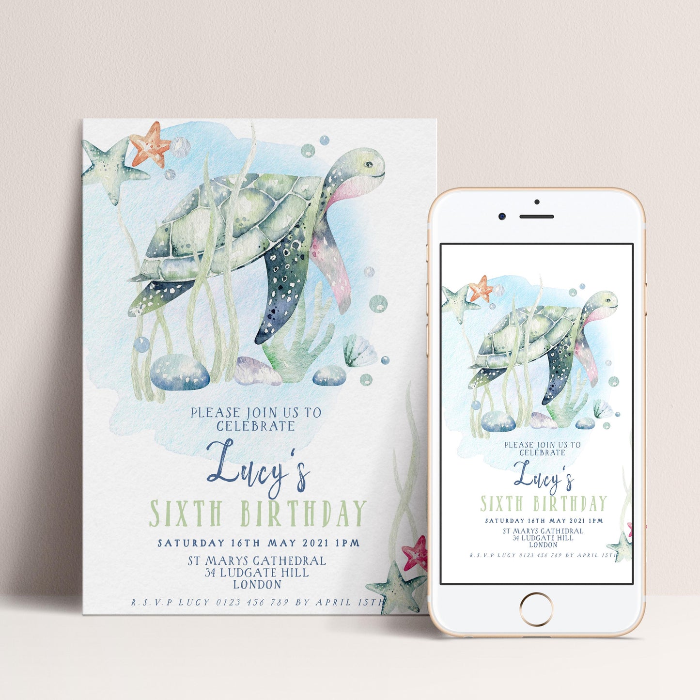 The image is a birthday invitation for a girl named Lucy, featuring a watercolor illustration of a turtle and other sea creatures.