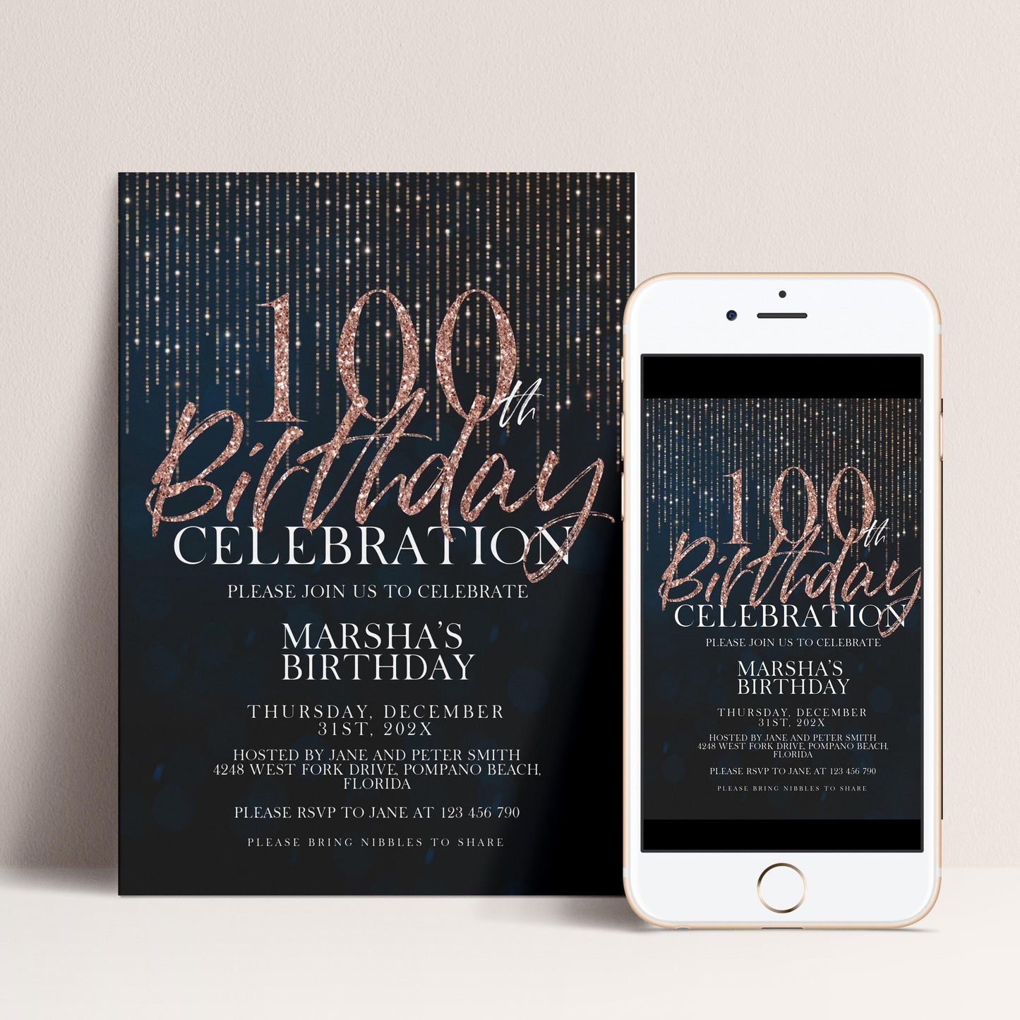 100th Birthday Invitation Rose Gold Black, Elegant 100th Birthday Party Invite, Milestone Celebration, Editable Template