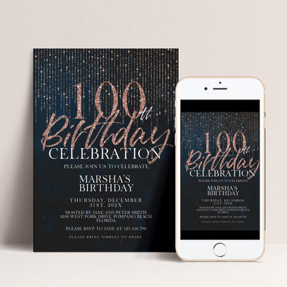 100th Birthday Invitation Rose Gold Black, Elegant 100th Birthday Party Invite, Milestone Celebration, Editable Template