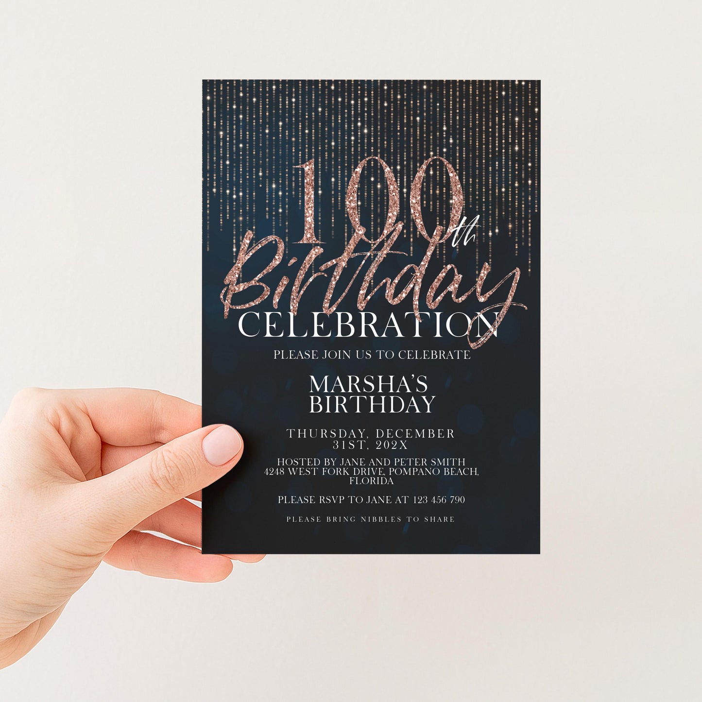100th Birthday Invitation Rose Gold Black, Elegant 100th Birthday Party Invite, Milestone Celebration, Editable Template