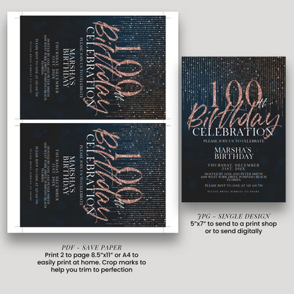 100th Birthday Invitation Rose Gold Black, Elegant 100th Birthday Party Invite, Milestone Celebration, Editable Template