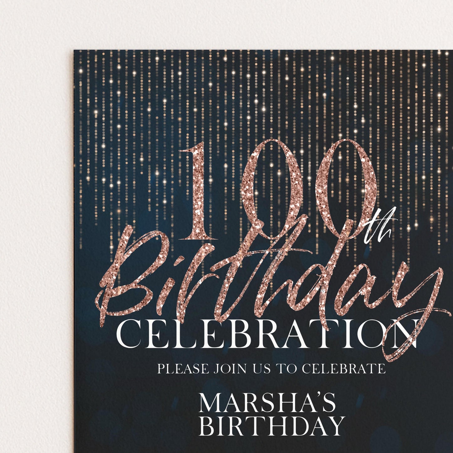 100th Birthday Invitation Rose Gold Black, Elegant 100th Birthday Party Invite, Milestone Celebration, Editable Template