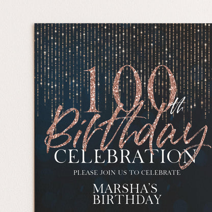 100th Birthday Invitation Rose Gold Black, Elegant 100th Birthday Party Invite, Milestone Celebration, Editable Template