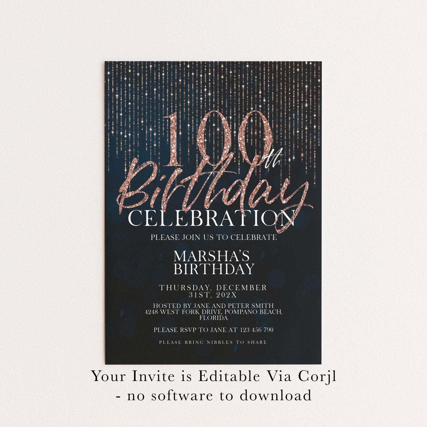 100th Birthday Invitation Rose Gold Black, Elegant 100th Birthday Party Invite, Milestone Celebration, Editable Template