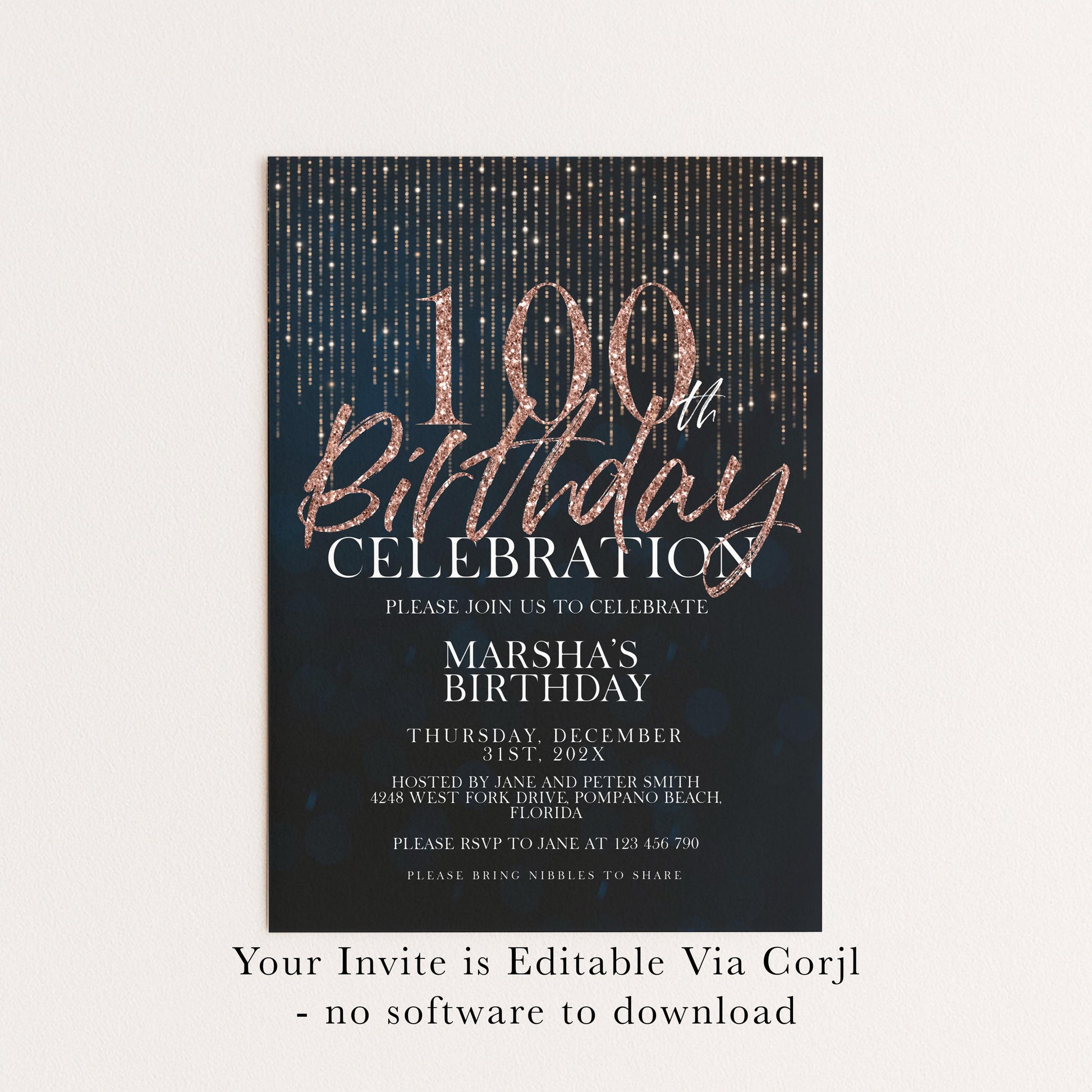 100th Birthday Invitation Rose Gold Black, Elegant 100th Birthday Party Invite, Milestone Celebration, Editable Template