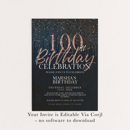 100th Birthday Invitation Rose Gold Black, Elegant 100th Birthday Party Invite, Milestone Celebration, Editable Template