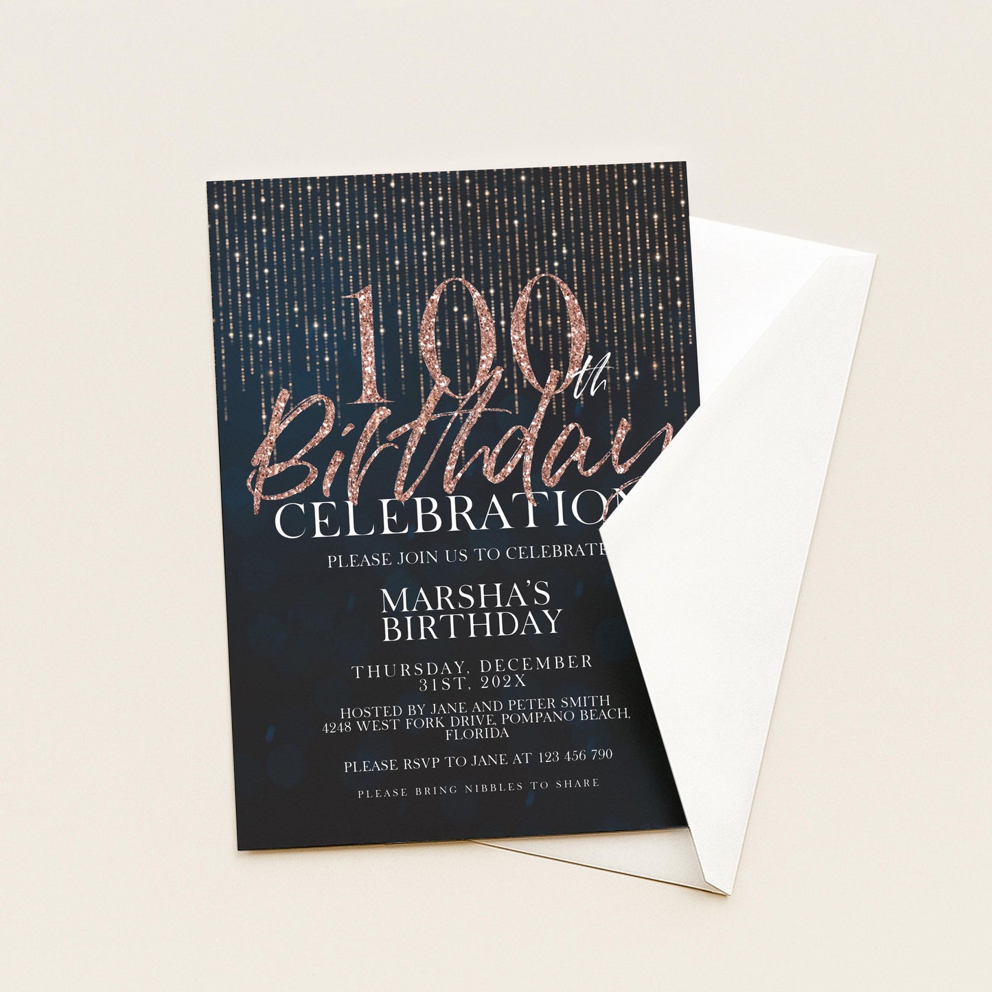 100th Birthday Invitation Rose Gold Black, Elegant 100th Birthday Party Invite, Milestone Celebration, Editable Template