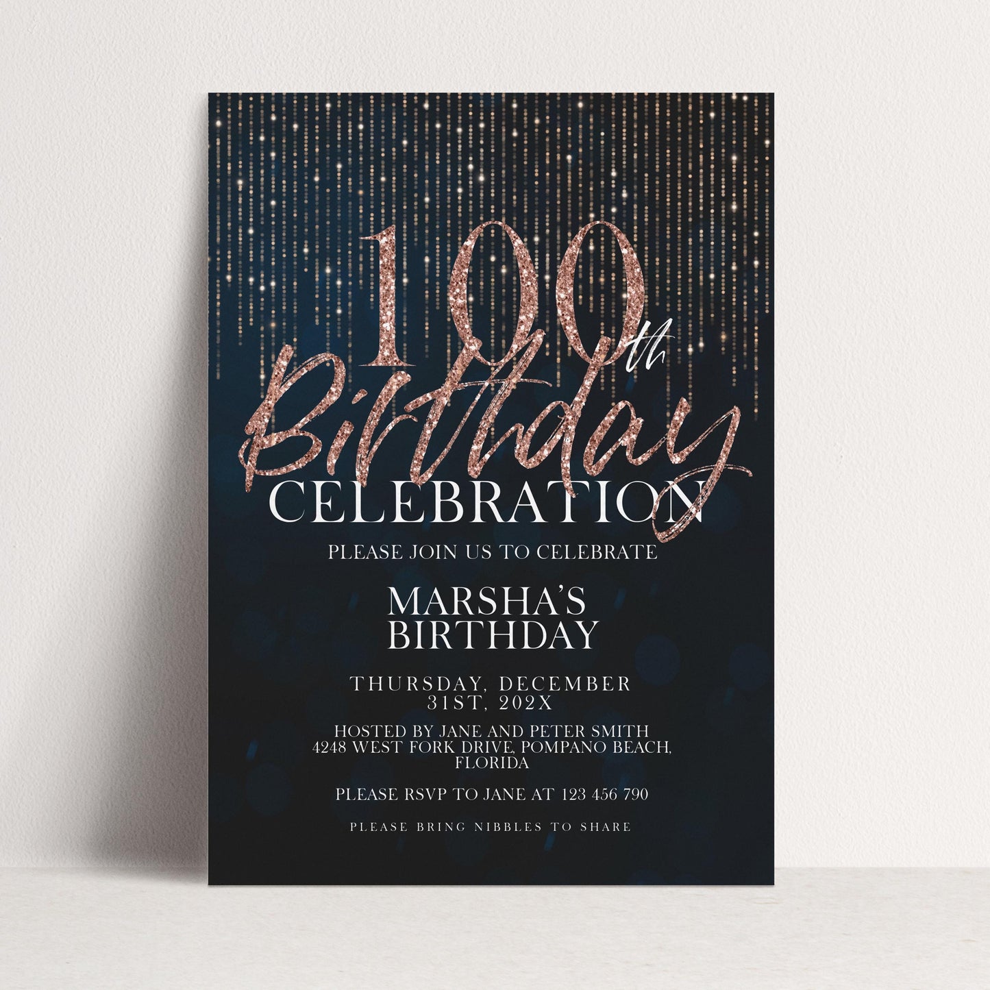 100th Birthday Invitation Rose Gold Black, Elegant 100th Birthday Party Invite, Milestone Celebration, Editable Template