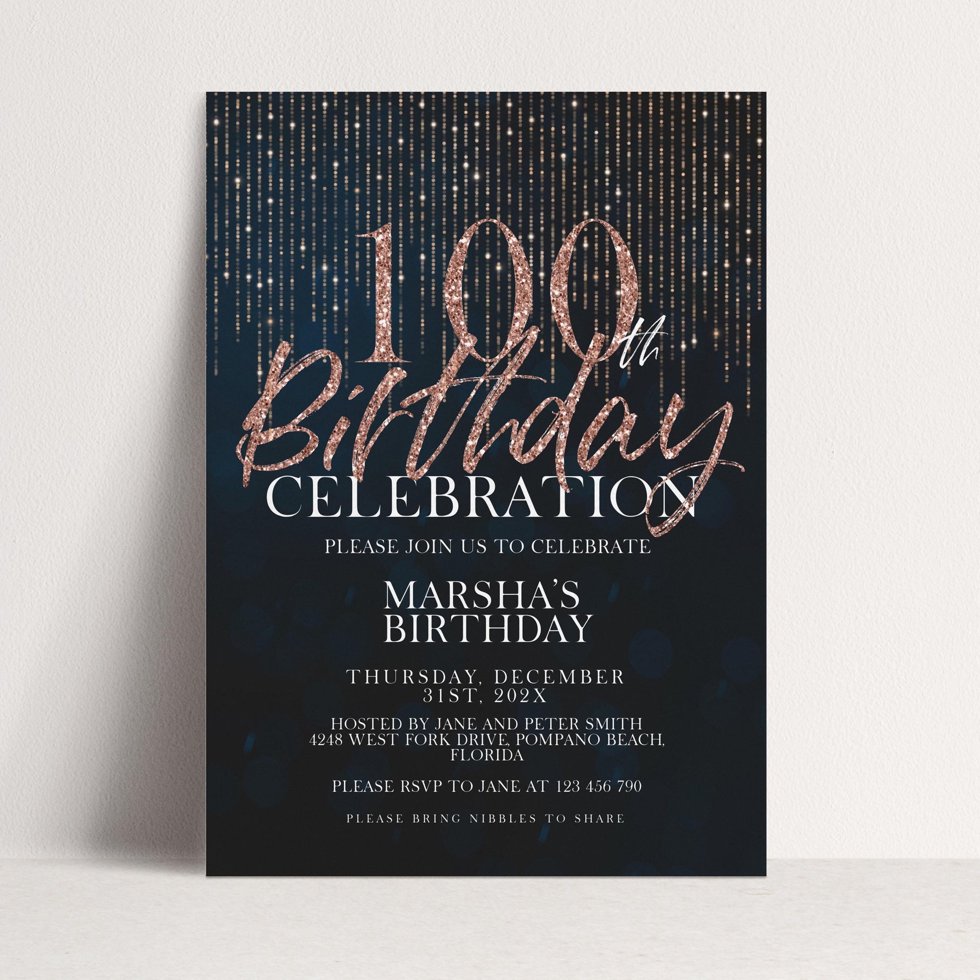 100th Birthday Invitation Rose Gold Black, Elegant 100th Birthday Party Invite, Milestone Celebration, Editable Template