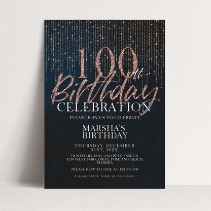 100th Birthday Invitation Rose Gold Black, Elegant 100th Birthday Party Invite, Milestone Celebration, Editable Template