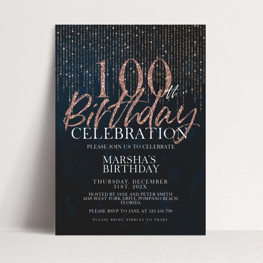 100th Birthday Invitation Rose Gold Black, Elegant 100th Birthday Party Invite, Milestone Celebration, Editable Template
