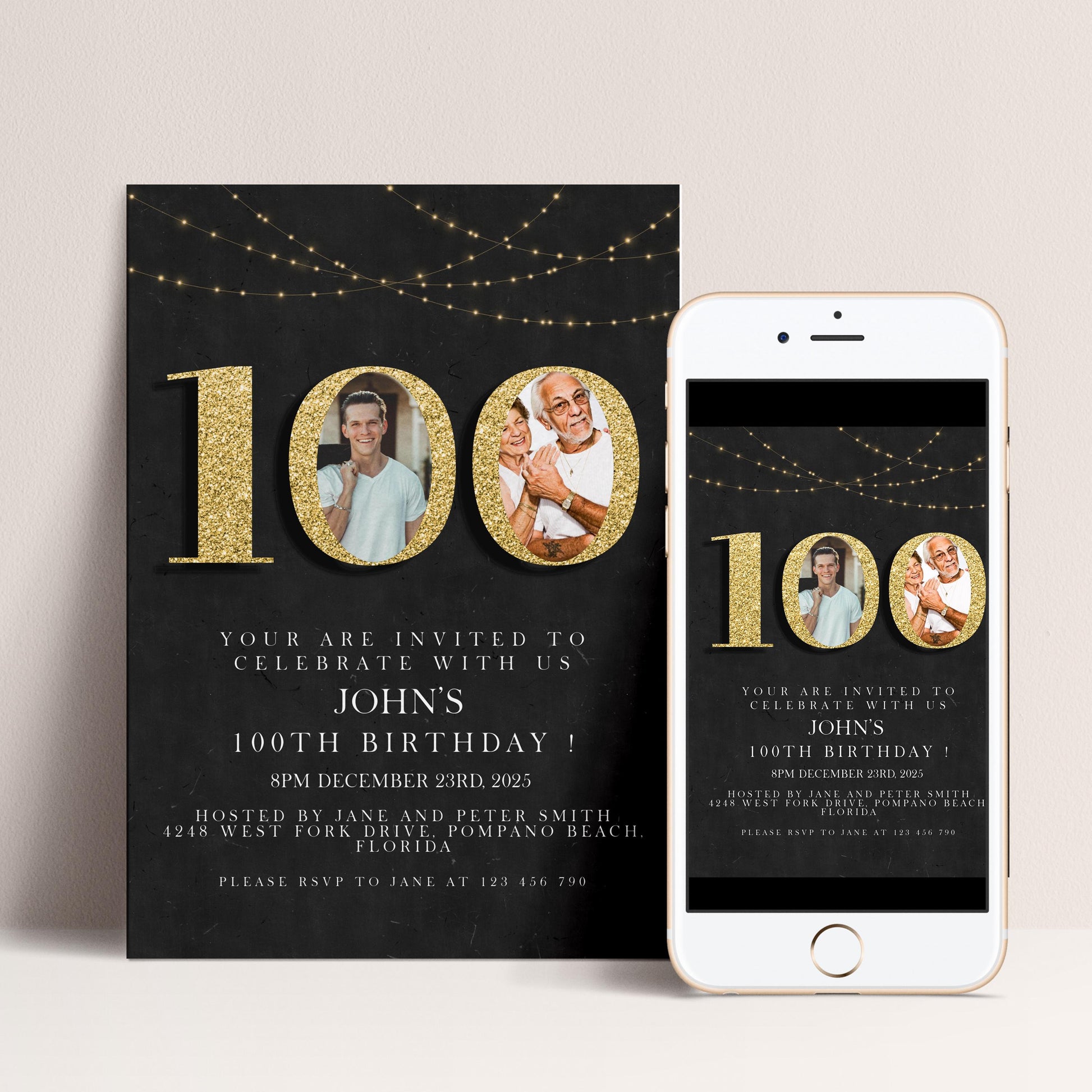 100th Birthday Invitation with Photo Editable Hundred Invite Black invitation Simple Elegant For Him or Her Instant Download Printable