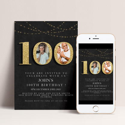 100th Birthday Invitation with Photo Editable Hundred Invite Black invitation Simple Elegant For Him or Her Instant Download Printable