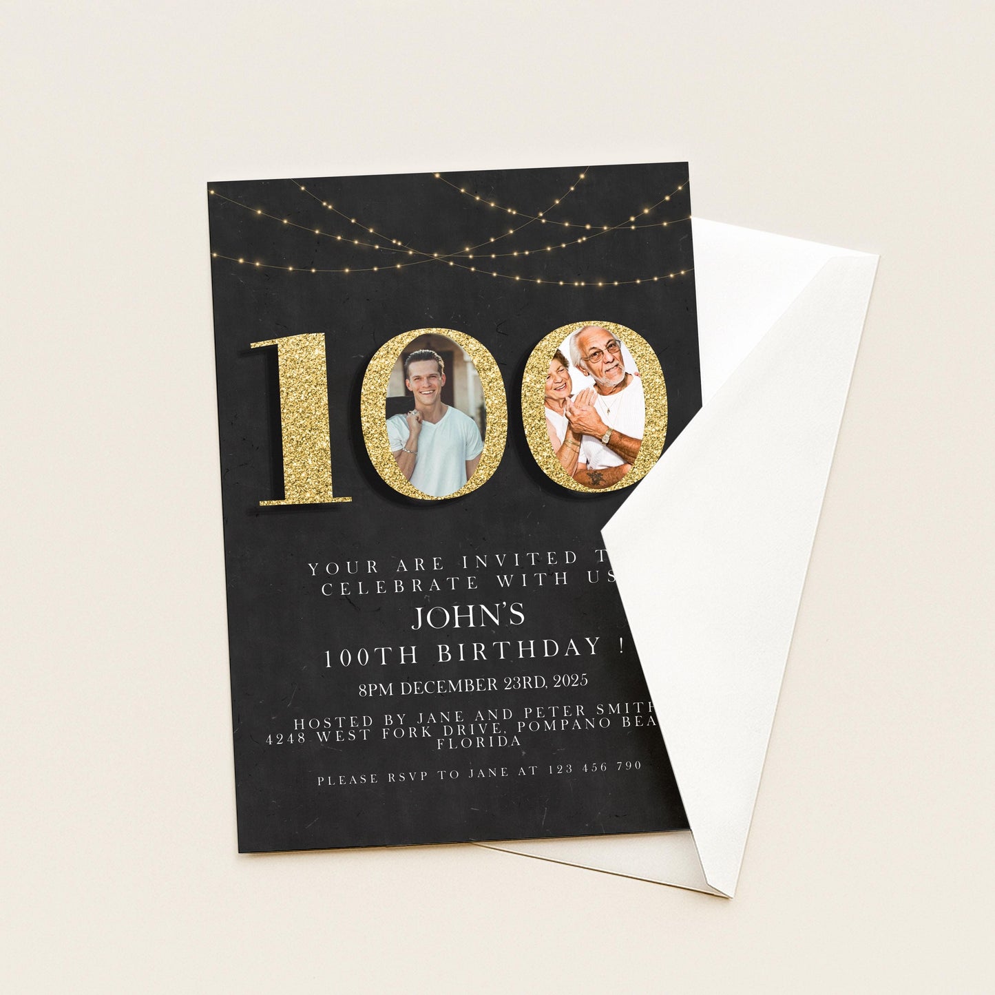 100th Birthday Invitation with Photo Editable Hundred Invite Black invitation Simple Elegant For Him or Her Instant Download Printable