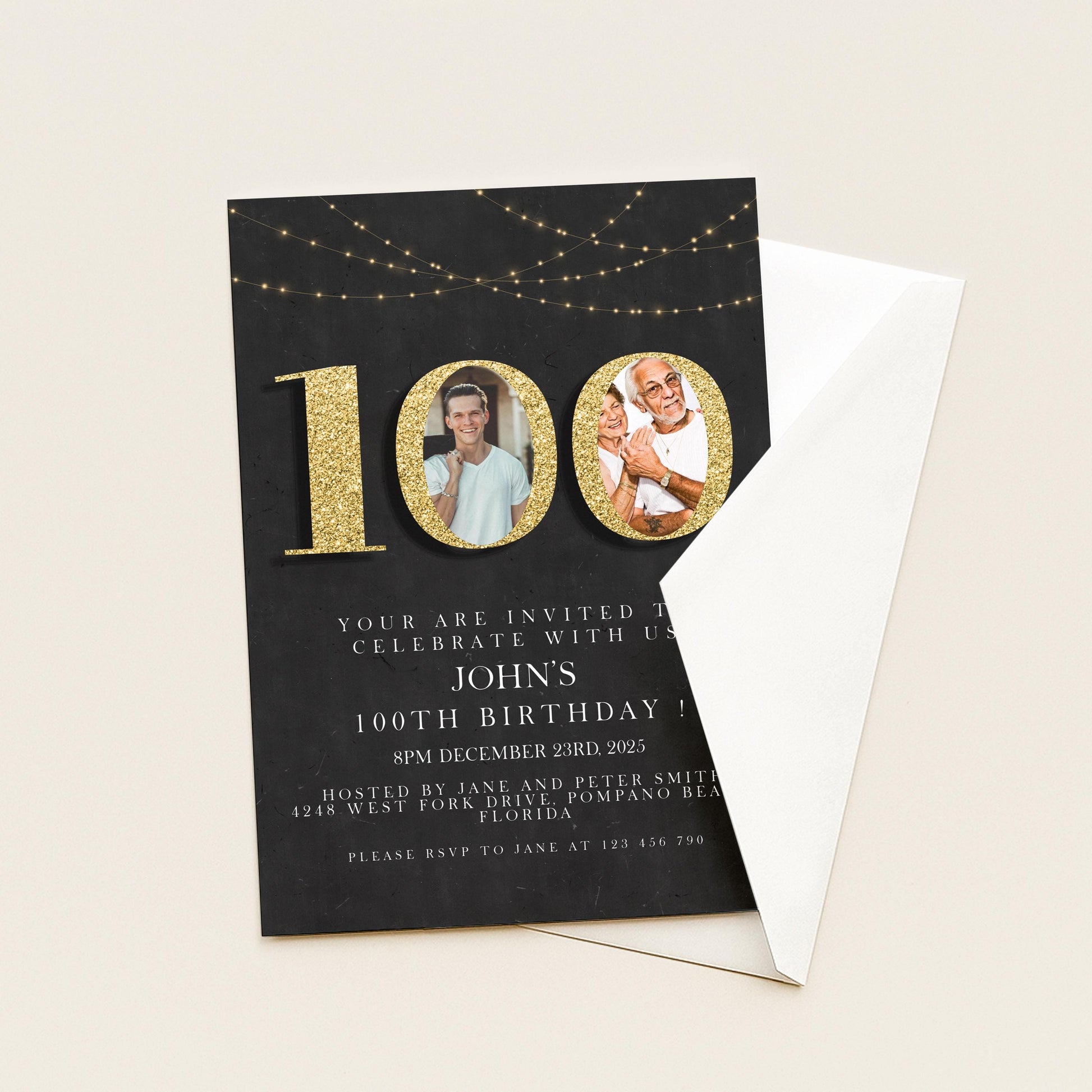 100th Birthday Invitation with Photo Editable Hundred Invite Black invitation Simple Elegant For Him or Her Instant Download Printable