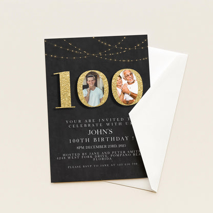 100th Birthday Invitation with Photo Editable Hundred Invite Black invitation Simple Elegant For Him or Her Instant Download Printable