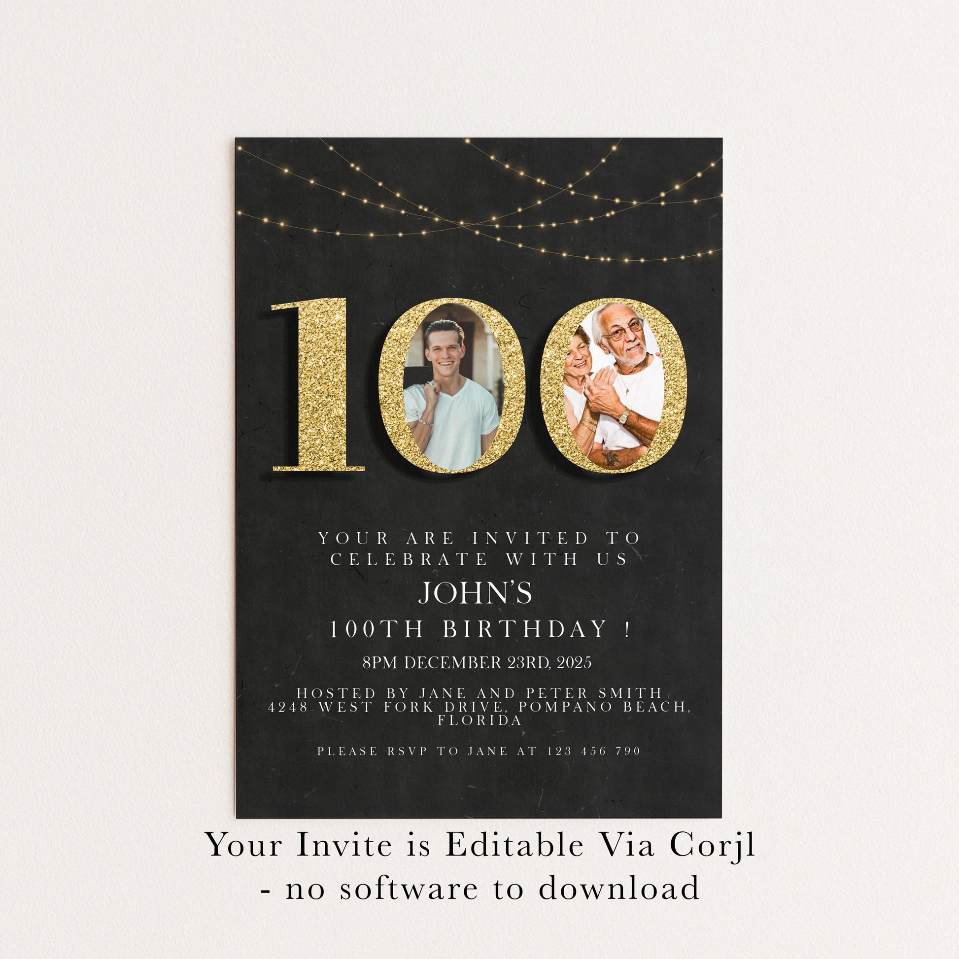 100th Birthday Invitation with Photo Editable Hundred Invite Black invitation Simple Elegant For Him or Her Instant Download Printable