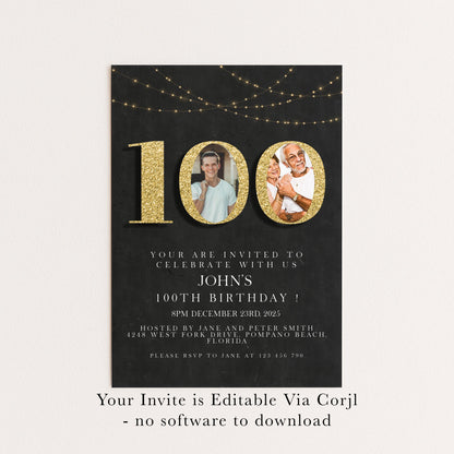 100th Birthday Invitation with Photo Editable Hundred Invite Black invitation Simple Elegant For Him or Her Instant Download Printable