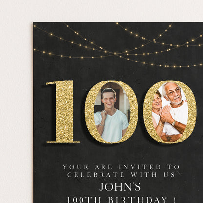 100th Birthday Invitation with Photo Editable Hundred Invite Black invitation Simple Elegant For Him or Her Instant Download Printable
