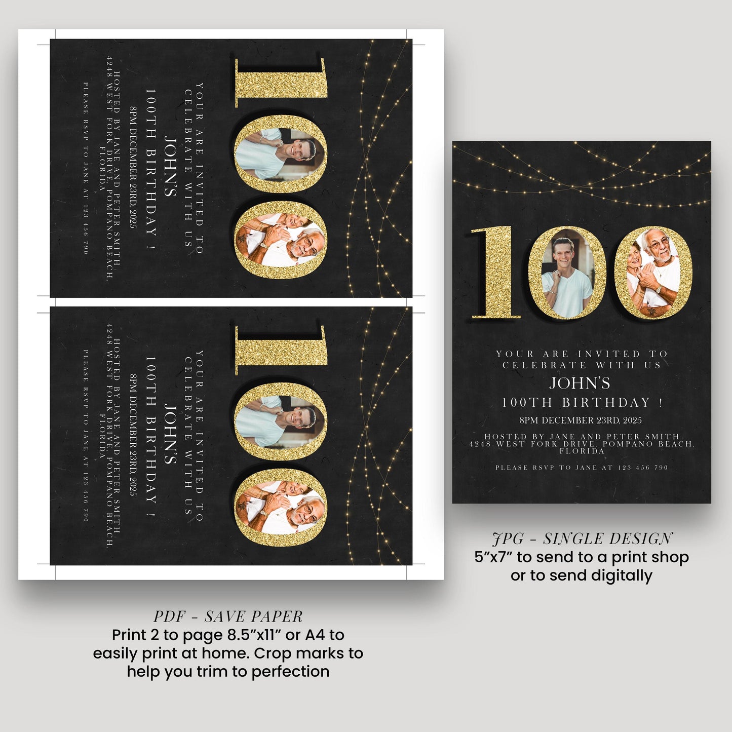 100th Birthday Invitation with Photo Editable Hundred Invite Black invitation Simple Elegant For Him or Her Instant Download Printable
