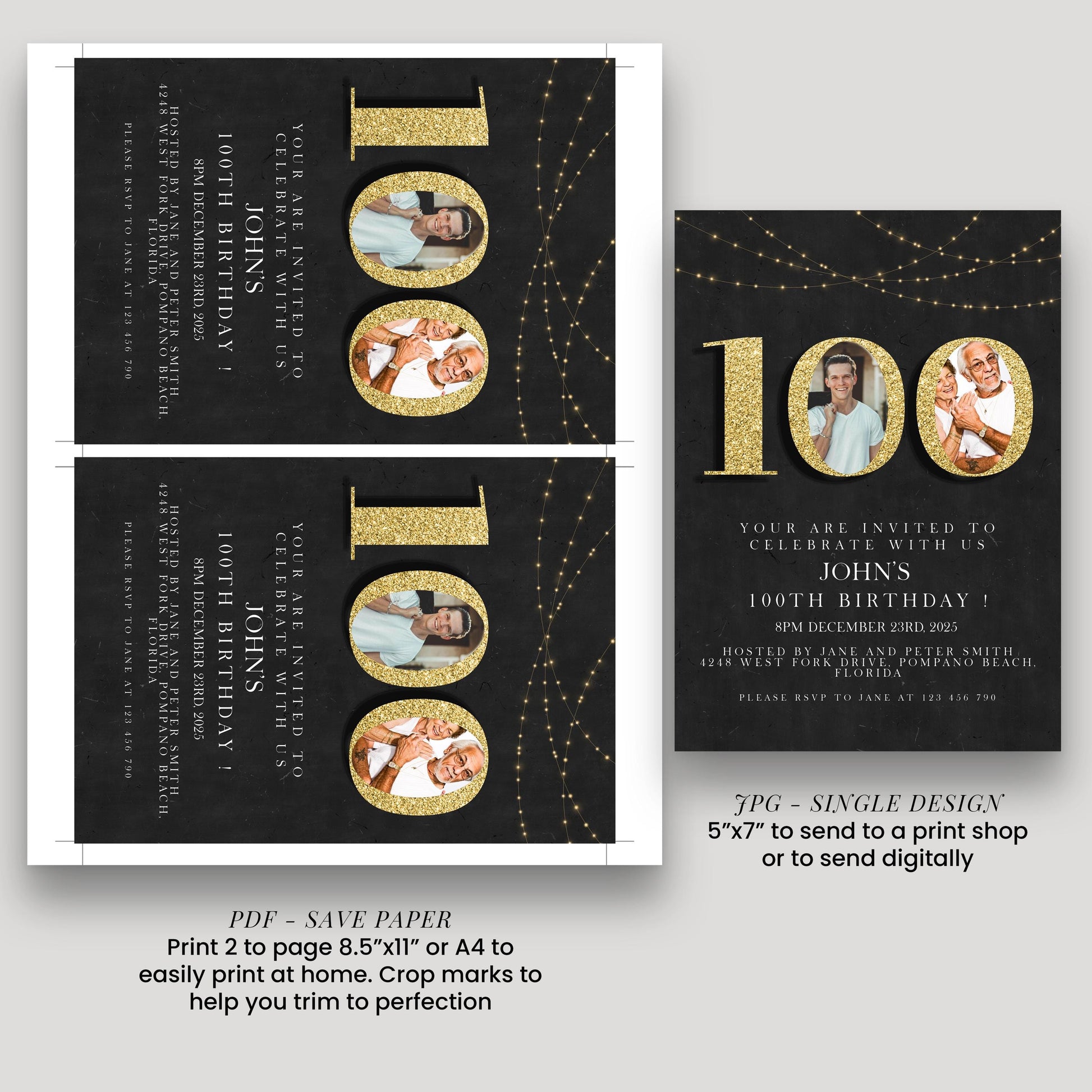 100th Birthday Invitation with Photo Editable Hundred Invite Black invitation Simple Elegant For Him or Her Instant Download Printable
