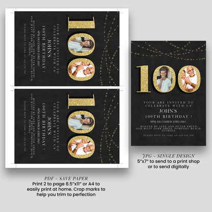 100th Birthday Invitation with Photo Editable Hundred Invite Black invitation Simple Elegant For Him or Her Instant Download Printable