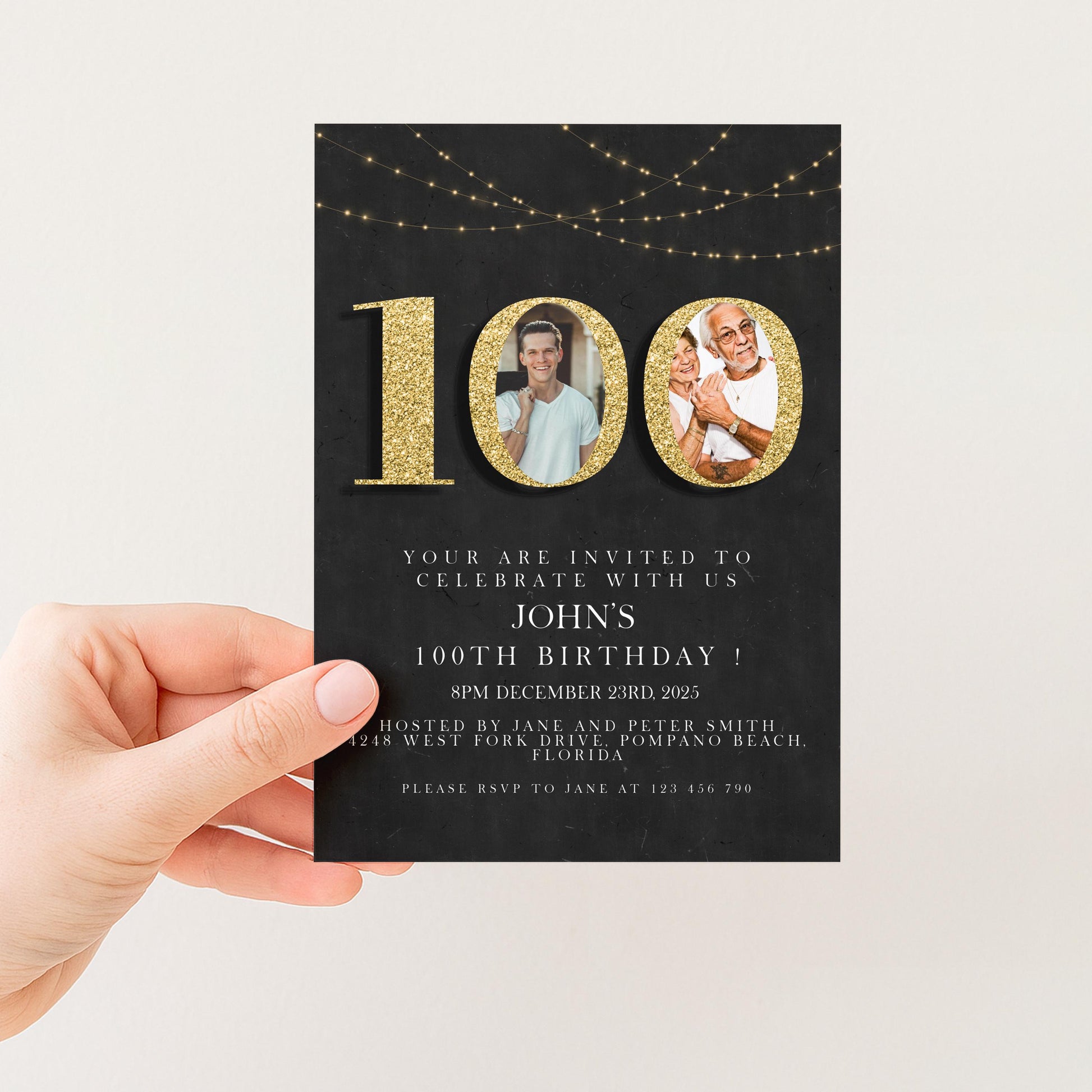 100th Birthday Invitation with Photo Editable Hundred Invite Black invitation Simple Elegant For Him or Her Instant Download Printable