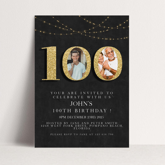 100th Birthday Invitation with Photo Editable Hundred Invite Black invitation Simple Elegant For Him or Her Instant Download Printable