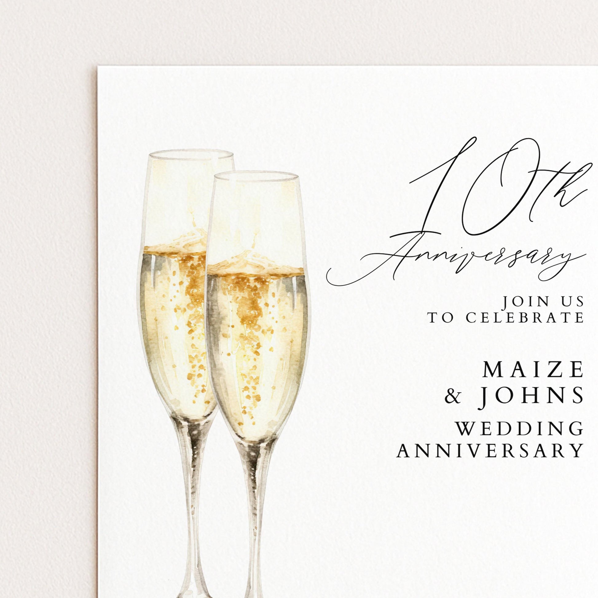 10th Wedding Anniversary Invitation, 10 Year Anniversary Party Invite, Editable Champagne Anniversary Invitation