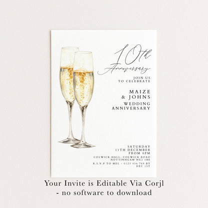 10th Wedding Anniversary Invitation, 10 Year Anniversary Party Invite, Editable Champagne Anniversary Invitation