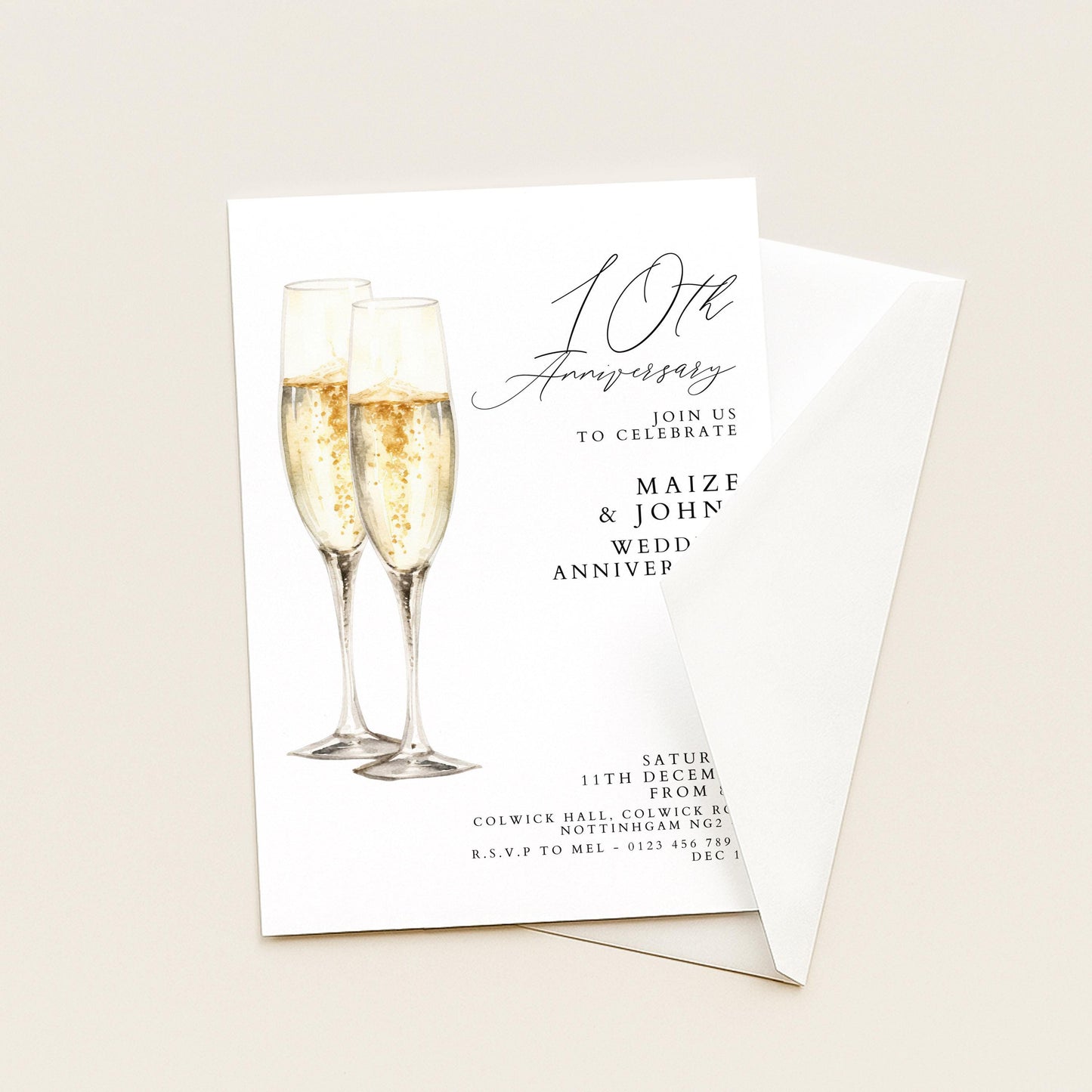 10th Wedding Anniversary Invitation, 10 Year Anniversary Party Invite, Editable Champagne Anniversary Invitation