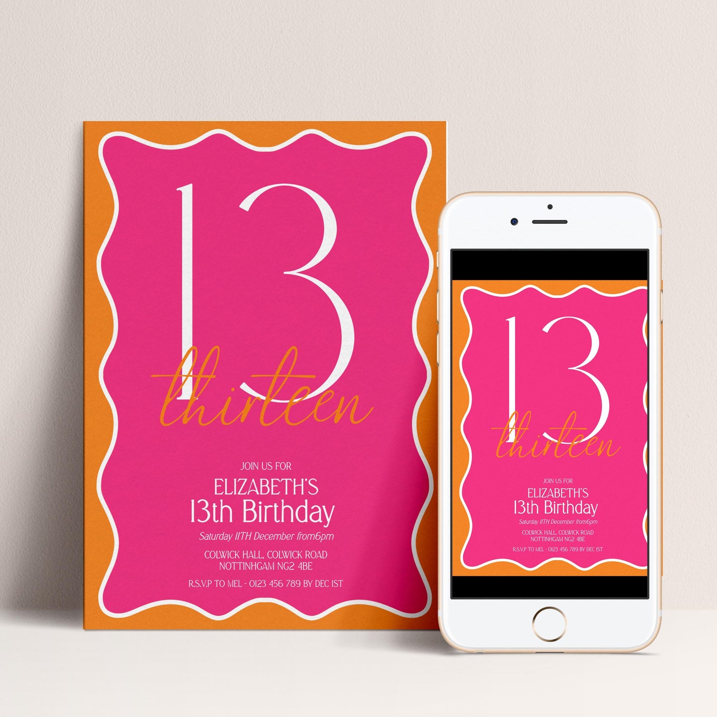13th Birthday Invitation Girl, Pink Orange 13th Party Invite, Teen Printable Invite, Editable Corjl Template