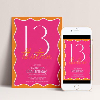 13th Birthday Invitation Girl, Pink Orange 13th Party Invite, Teen Printable Invite, Editable Corjl Template