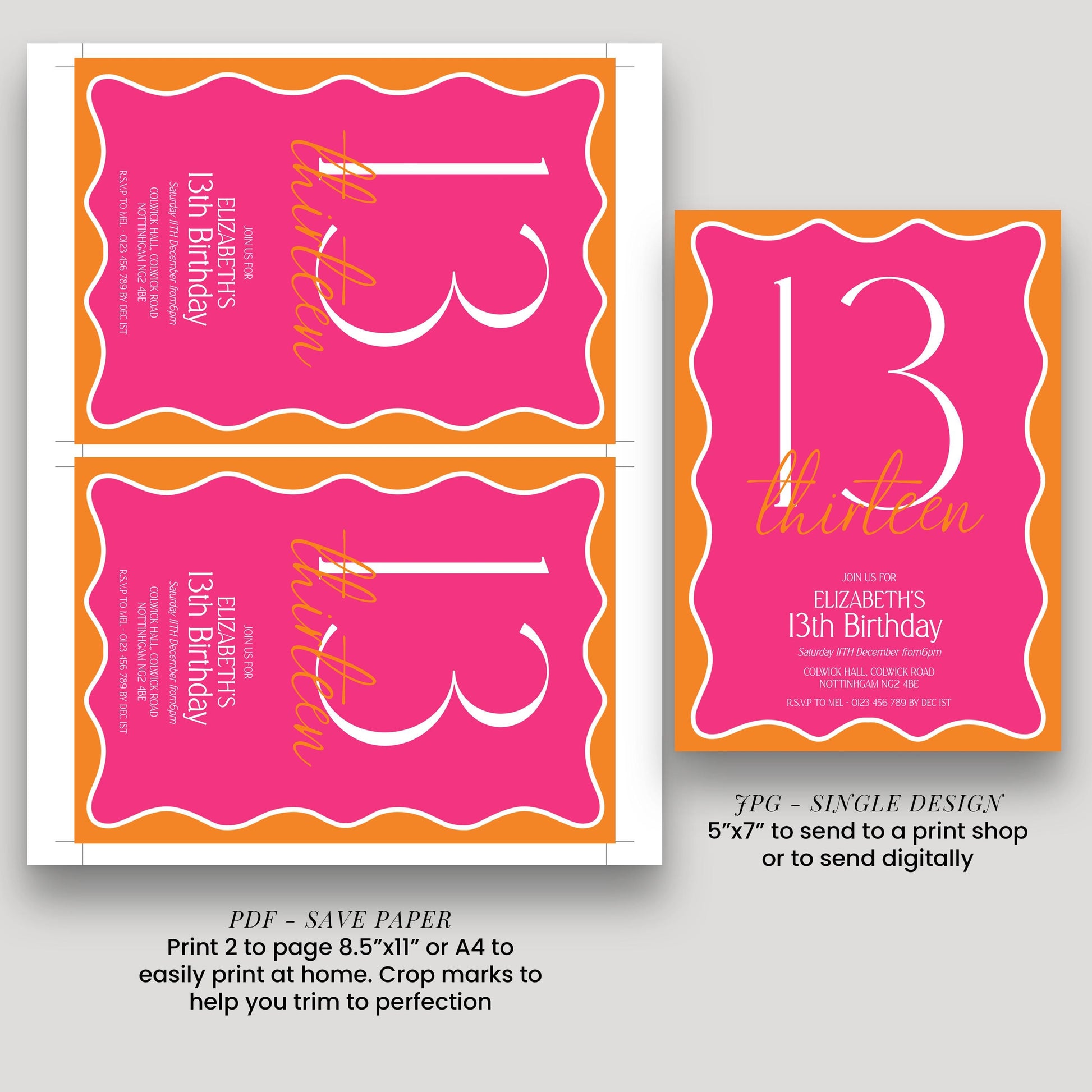 13th Birthday Invitation Girl, Pink Orange 13th Party Invite, Teen Printable Invite, Editable Corjl Template